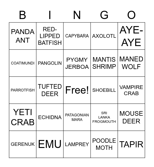 Unusual Animal Bingo Card