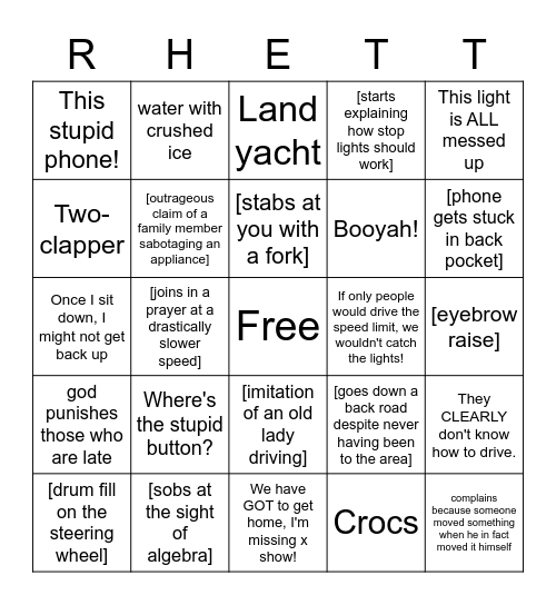 Rhett the Rhatt Bingo Card