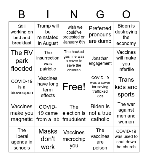 Steve and Laura Bingo Card