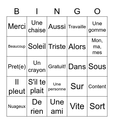 Vocabulary 2 - French Bingo Card