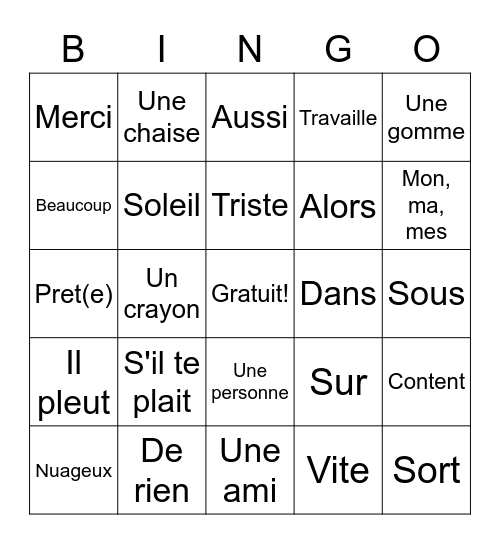 Vocabulary 2 - French Bingo Card