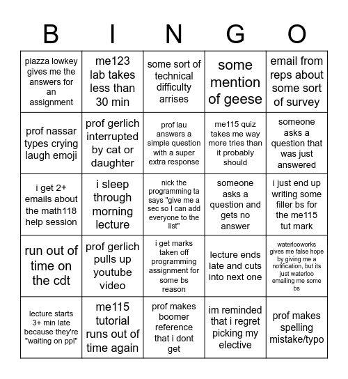 mech eng 1b bingo card Bingo Card