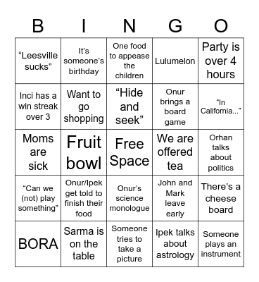 Dinner Party Bingo Card