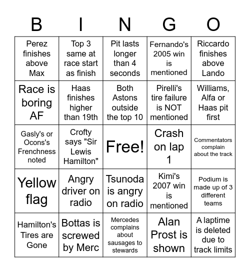 French GP 2021 Bingo Card