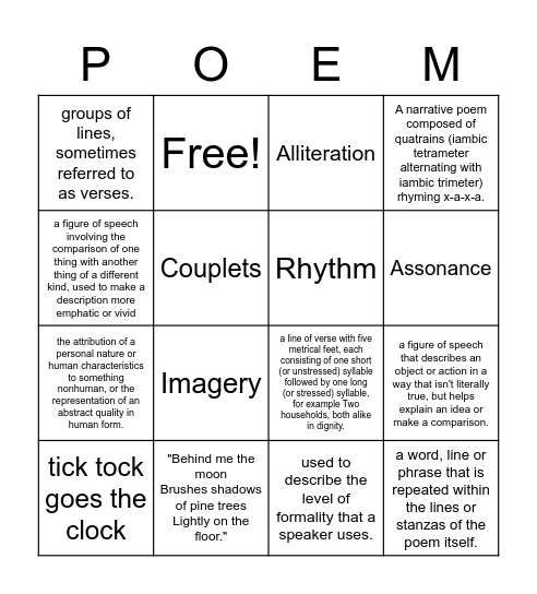 POETRY BINGO Card