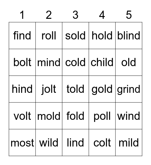 Closed Syllable Exceptions Sort Bingo Card