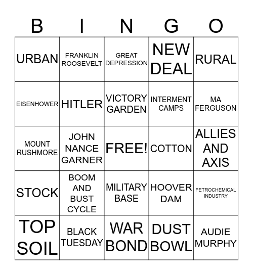 DUST BOWL DEPRESSION  WWII Bingo Card