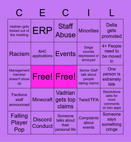 #1 IG Staff Meetings (Vadrians pink asshole edition) Bingo Card