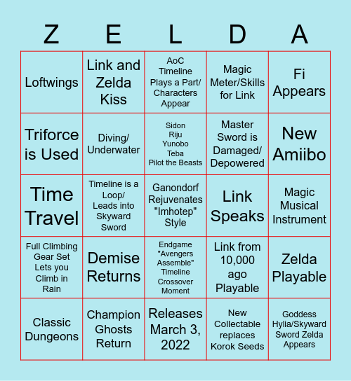 Breath of the Wild 2 Bingo Card