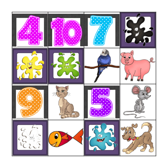 Bingo Animals, Colours, Numbers Bingo Card