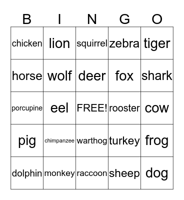 Animal Bingo Card