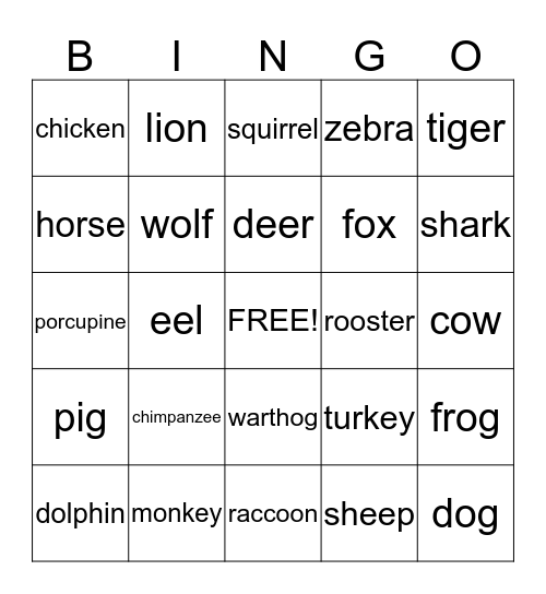 Animal Bingo Card