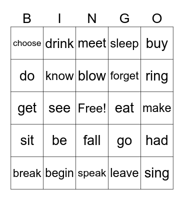 verbs in infinitive bingo Card