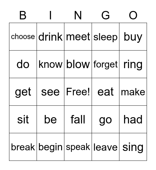 verbs in infinitive bingo Card
