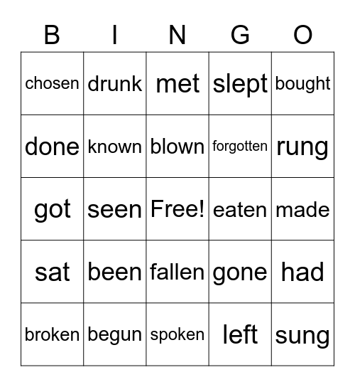 verbs in past participle bingo Card