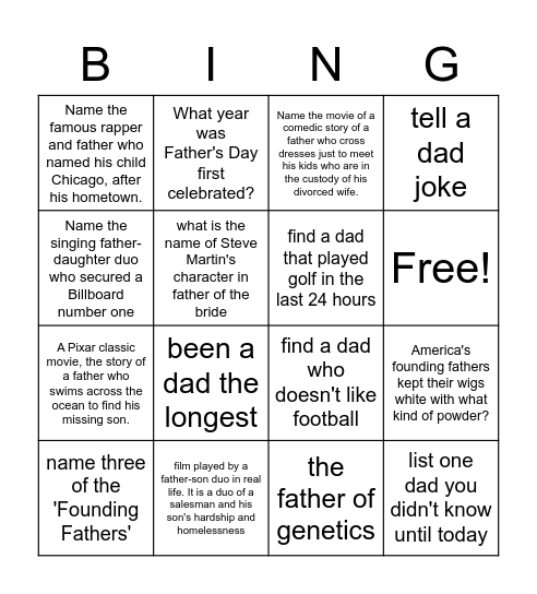 Dingo- Dad Bingo Card