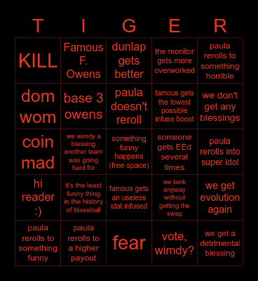 HADES TIGERS SEASON 20 Bingo Card