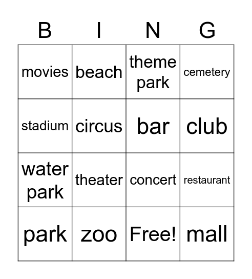 Places to go Bingo Card