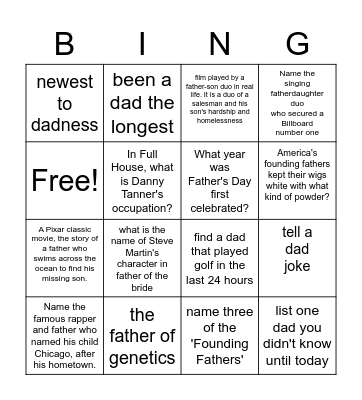 Dingo- Dad Bingo Card