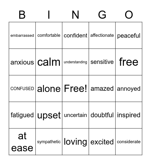 Feelings and Emotions Bingo Card