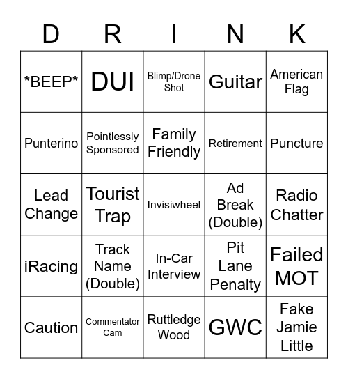 NASCAR Bingo Card