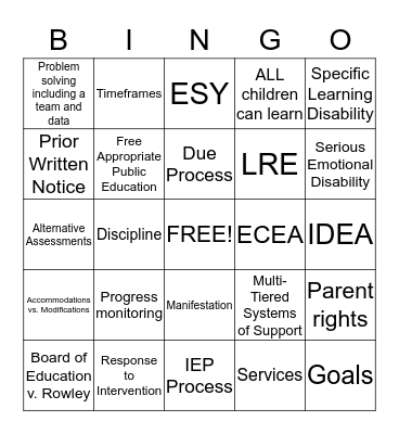 Special Education Law BINGO Card