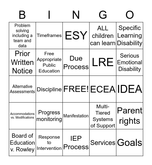 Special Education Law BINGO Card