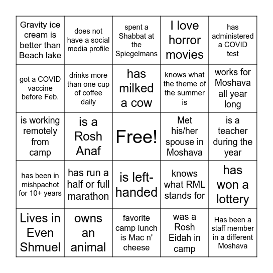 Mishpachot - Getting-To-Know-You Bingo Card