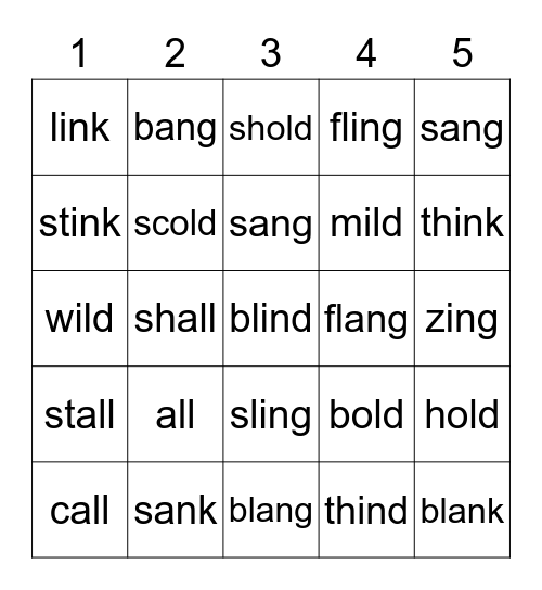 Closed Syllabe Exceptions Roll&Read Bingo Card