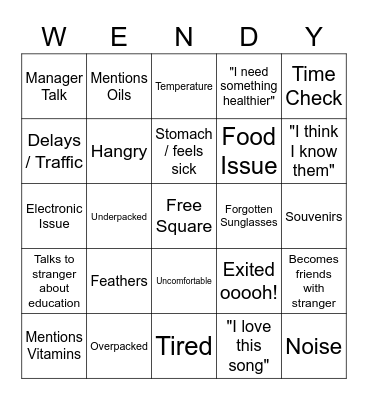 Wendy Trip Bingo Card