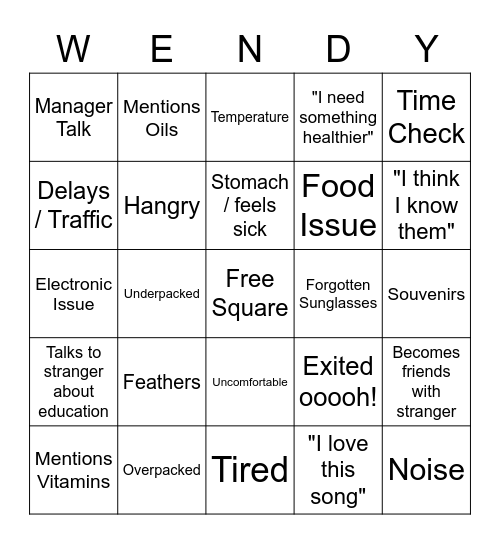 Wendy Trip Bingo Card