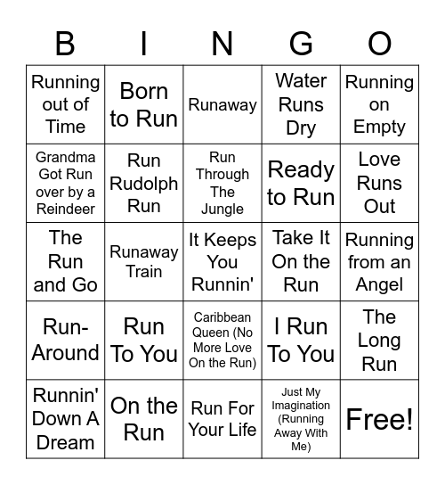 "Run/Running" Songs Bingo Card
