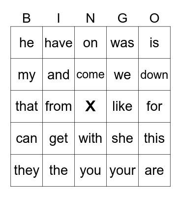 Sight Words Bingo Card
