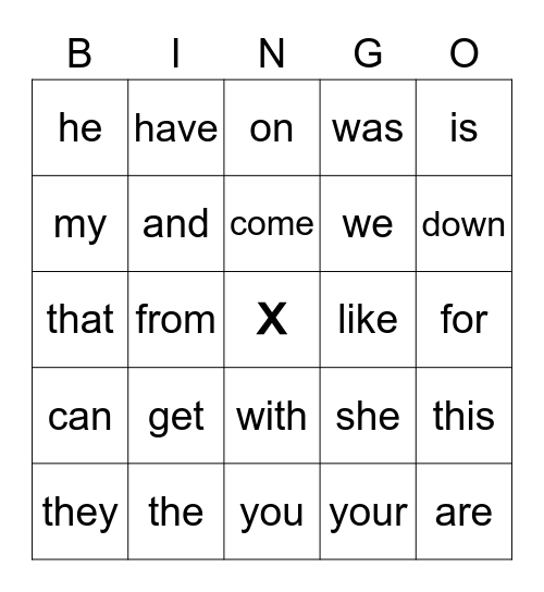 Sight Words Bingo Card