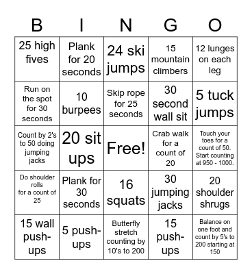Fitness Bingo Card
