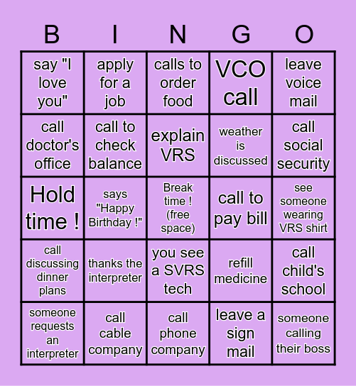 VRS Interpreters Bingo Card