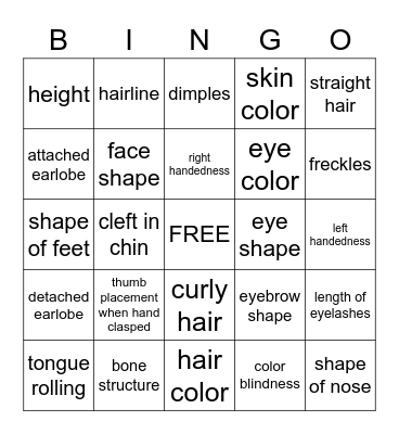 Inherited traits Bingo Card