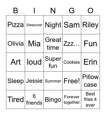 Sleepover bingo! Bingo Card