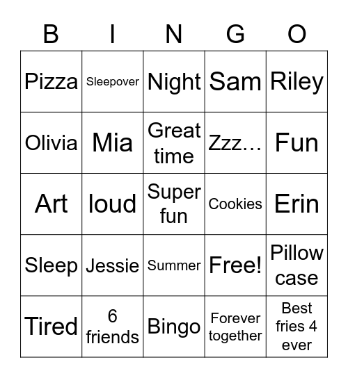 Sleepover bingo! Bingo Card
