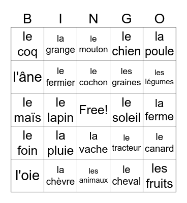 A la ferme Bingo Card