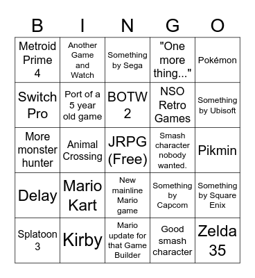 Nintendo Direct (Late 2021) Bingo Card