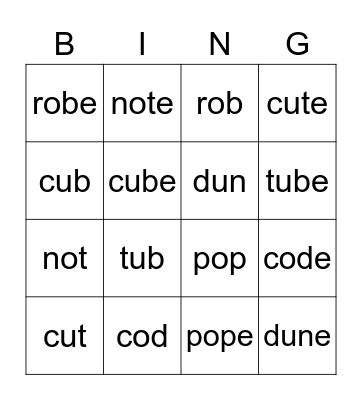 G4 U3-4 Phonics Bingo Card