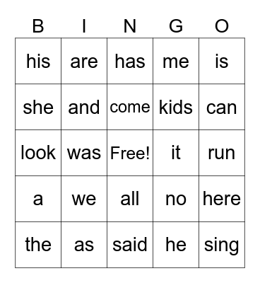 Tricky Words Bingo Card