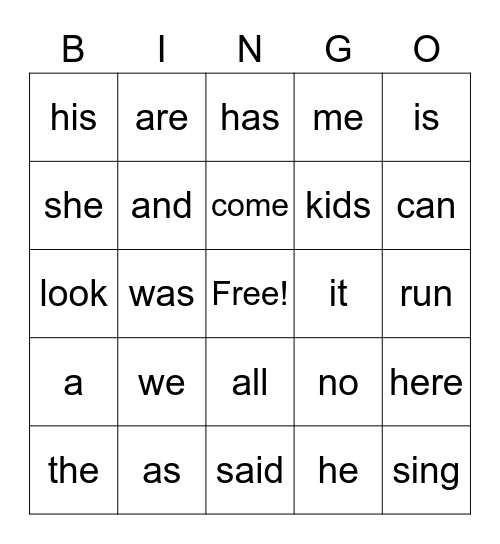 Tricky Words Bingo Card