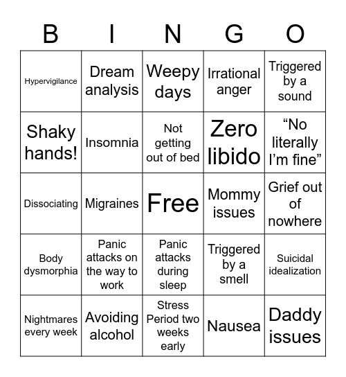 Amanda’s mental illness Bingo Card