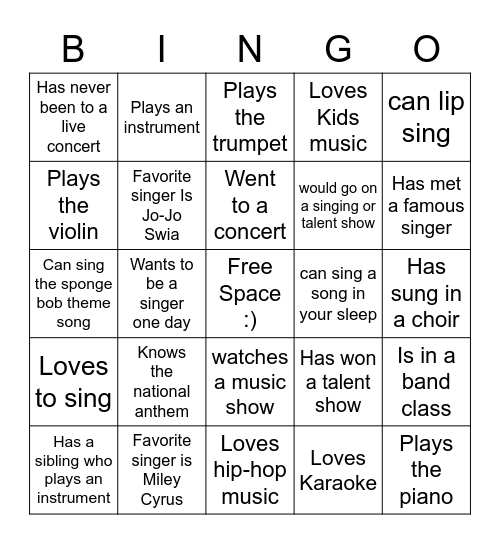 Can you find someone who music style Bingo Card
