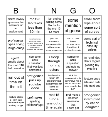 mech eng 1b bingo card ( 1 week) Bingo Card