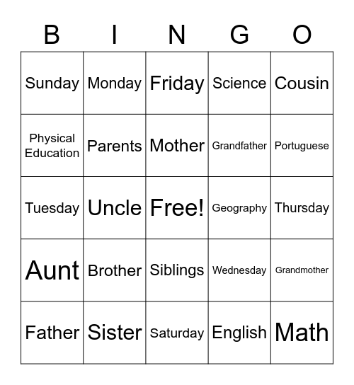 Vocabulary 6o Ano Bingo Card
