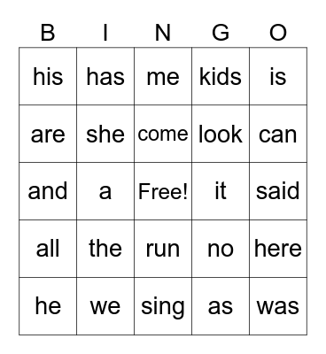 Tricky Words Bingo Card