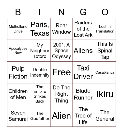 My Favorite Movies Bingo Card